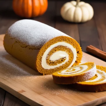 Keto pumpkin roll sliced on a wooden chopping board.