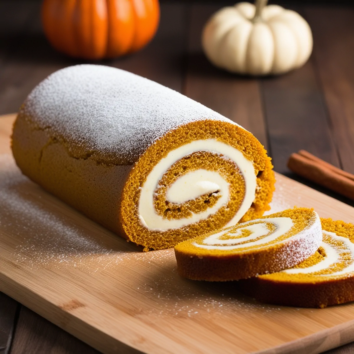 Keto pumpkin roll sliced on a wooden chopping board.