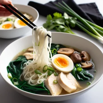 Keto ramen served in a bowl where the shirataki noodles is being lifted on chopping black chopping sticks.