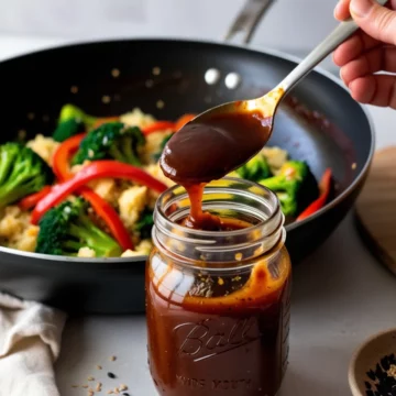 Keto stir fry sauce in a glass jar.