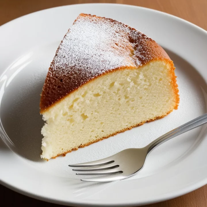 A slice of keto vanilla cake served on a white plate with a fork.