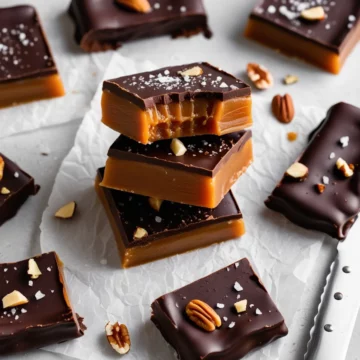 Cubes of chewy keto caramel candy bars are garnished with chopped nuts.