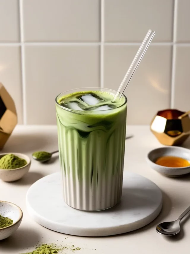Keto iced matcha green tea latte served in a transparent glass with a glass straw.