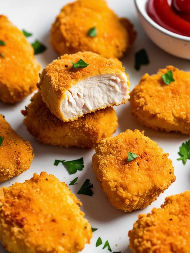 Golden keto nuggets, crisp outside and tender inside, with one sliced to reveal its texture.