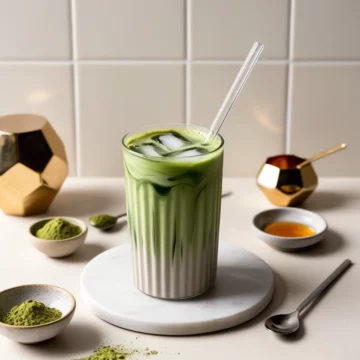 Keto iced matcha green tea latte served in a transparent glass with a glass straw.