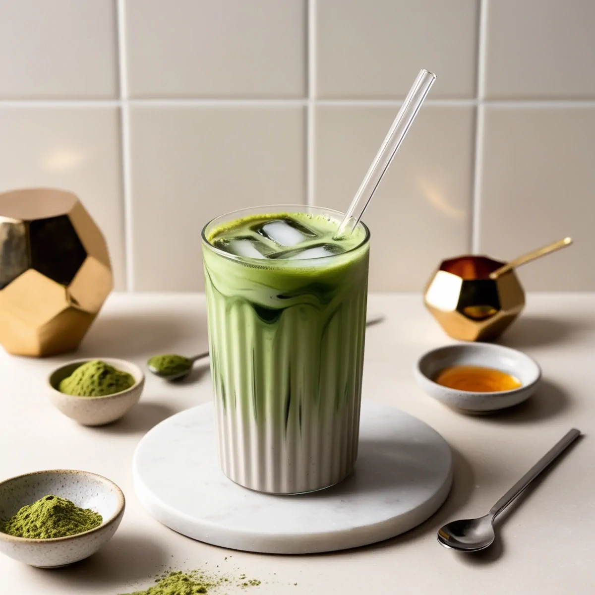 Keto iced matcha green tea latte served in a transparent glass with a glass straw.