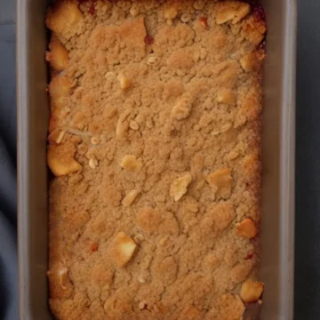 Keto apple crisp in a baking dish.