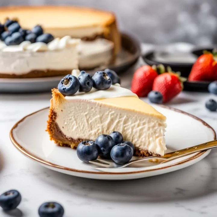 Keto cheesecake served with keto blueberries.