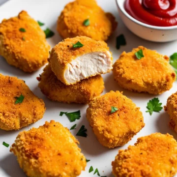 Golden keto nuggets, crisp outside and tender inside, with one sliced to reveal its texture.