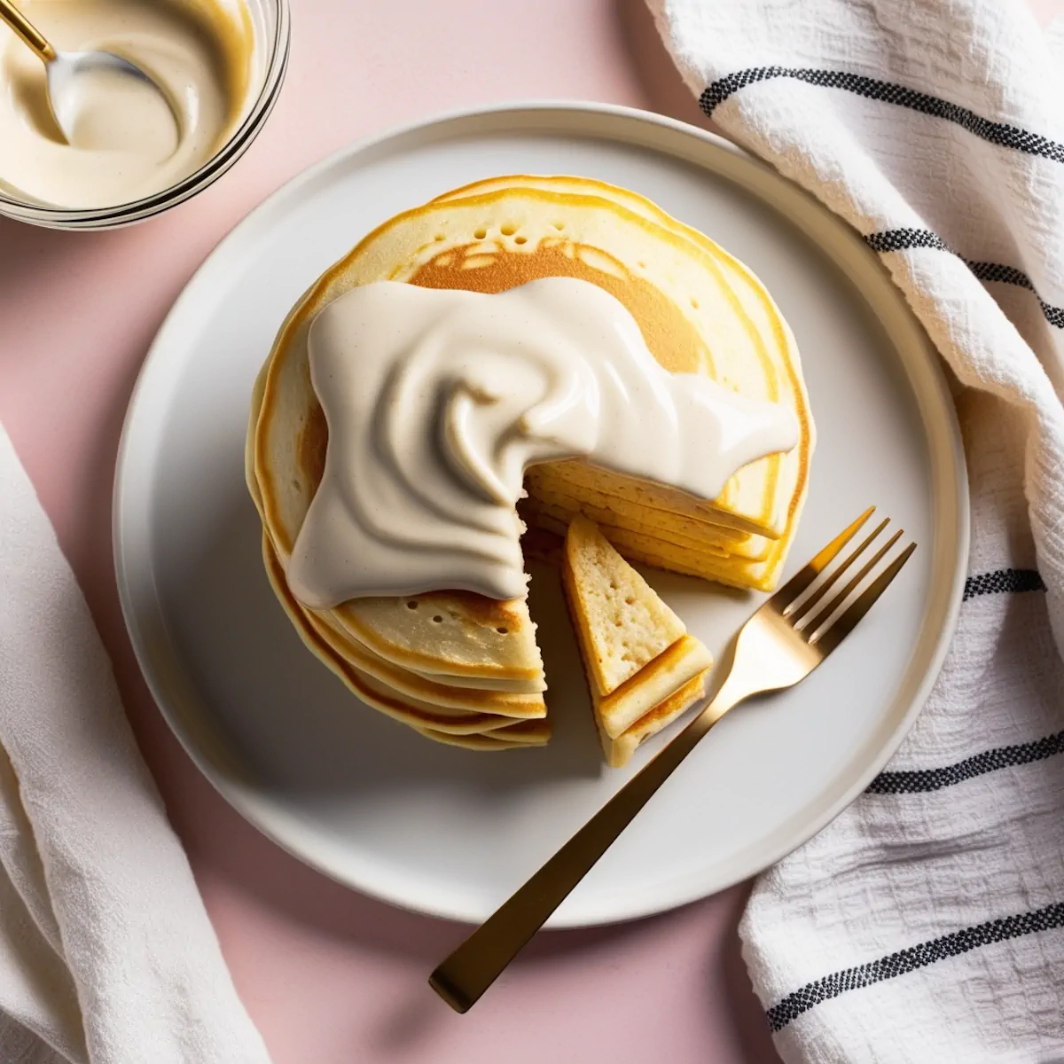 Keto cream cheese glaze on top of the stacked pancake.