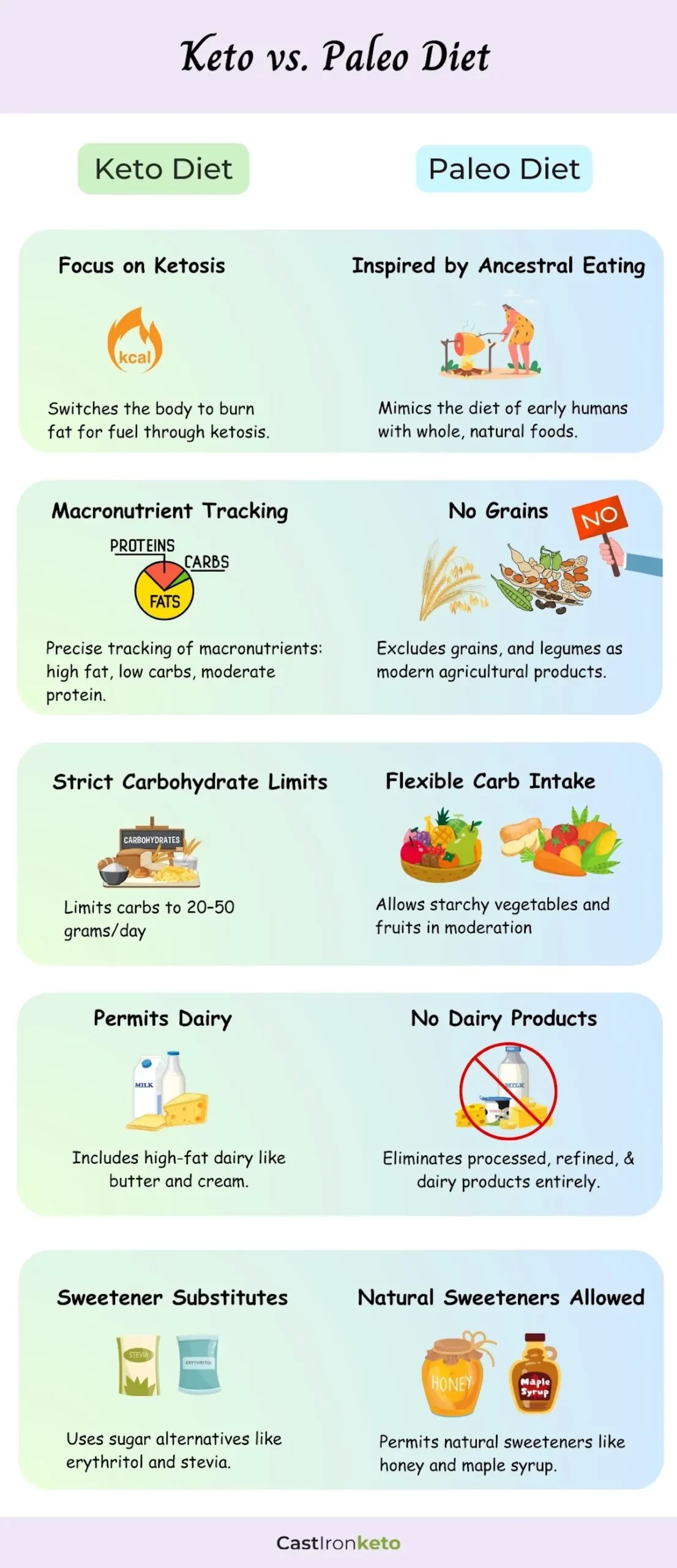 An infographic showing differences between keto and paleo diet.
