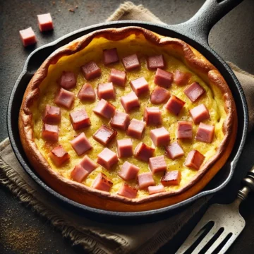 Keto ham & cheese Dutch baby pancake in a cast iron skillet.