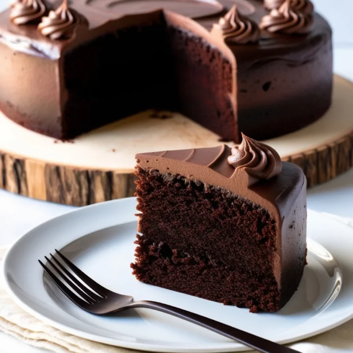A piece of chocolate cake served on a plate with a fork.
