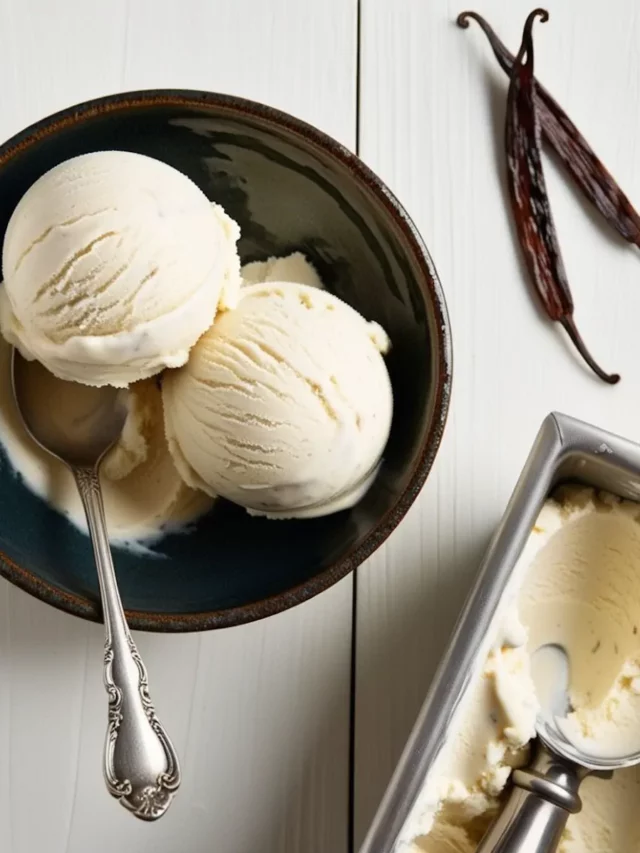 Two scoops of keto gelato served in a black bowl with a spoon.