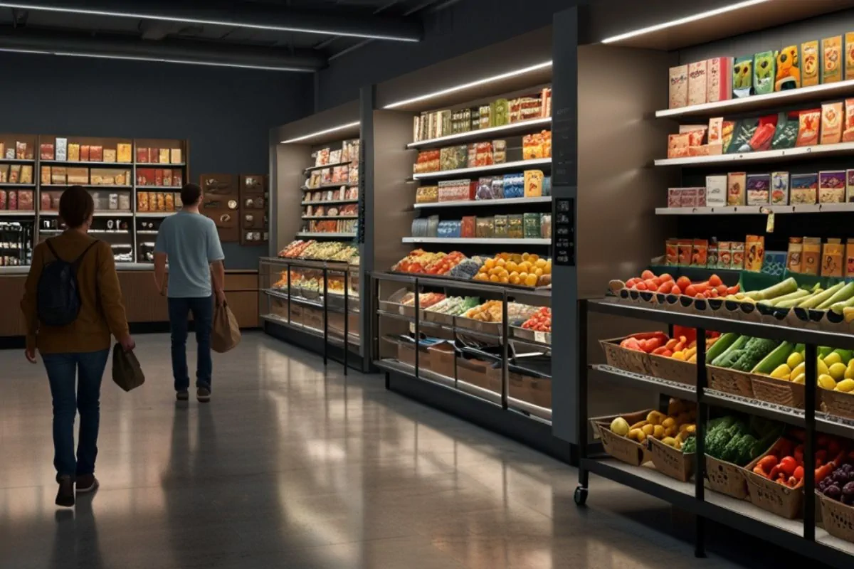 People shopping in a grocery store.