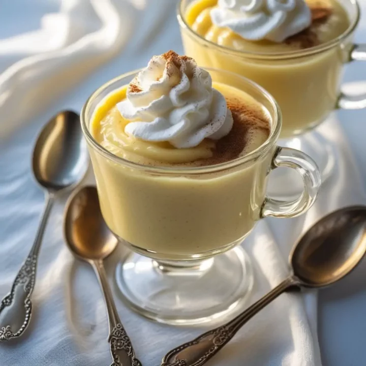 Keto banana pudding topped with whipped cream and dusted with cinnamon powder.