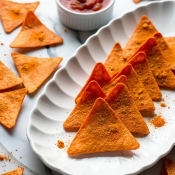 Keto Doritos sprinkled with Cheddar cheese powdered served on a white ceramic platter.