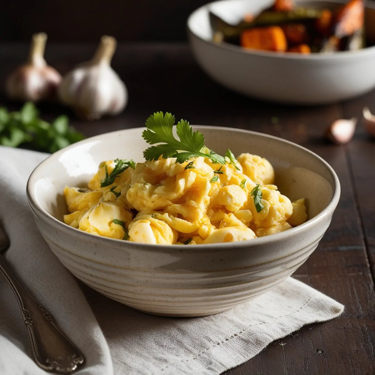 Keto garlic eggs served in a bowl and garnished with a herb.