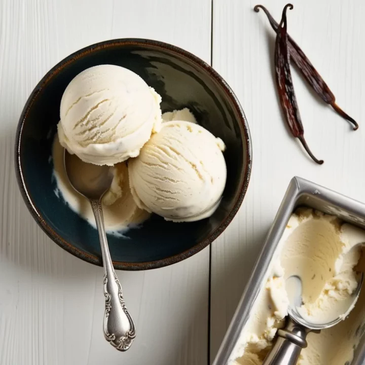 Two scoops of keto gelato served in a black bowl with a spoon.