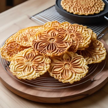 Keto pizzelle arranged on a wire rack.