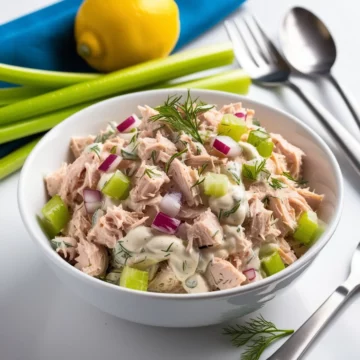 keto tuna salad garnished with fresh herbs in a white ceramic bowl.