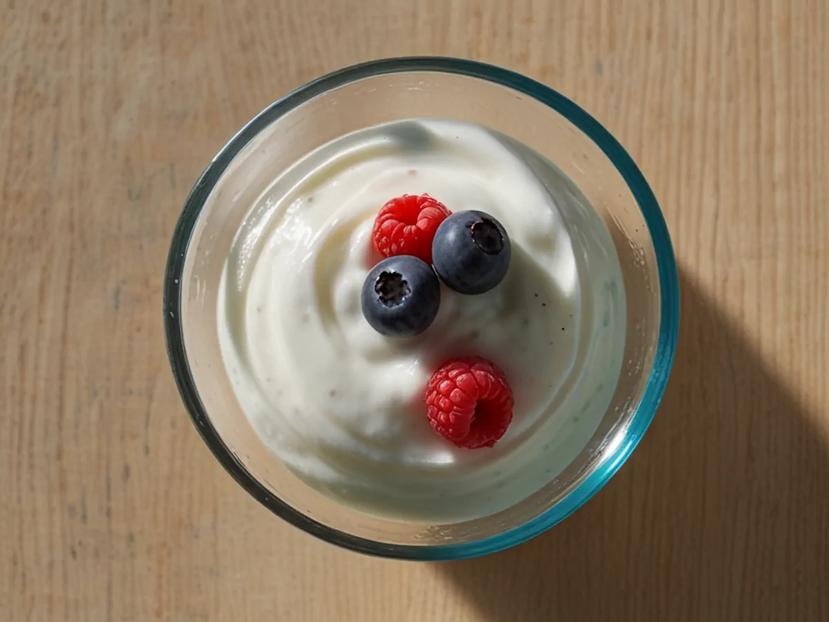 Low-fat Greek yogurt in a transparent glass bowl and topped with berries.