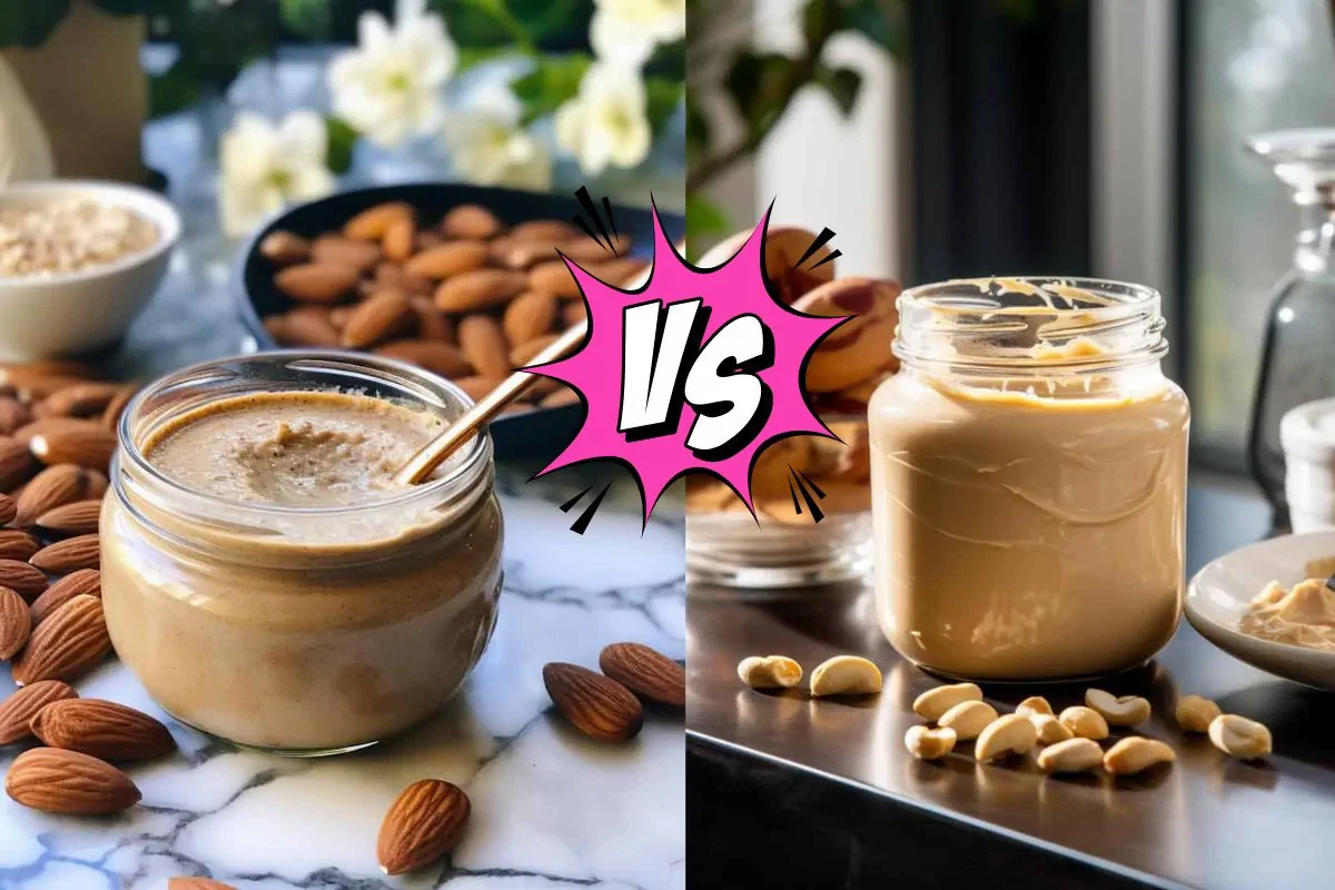 A side by side image of almond butter and peanut butter.