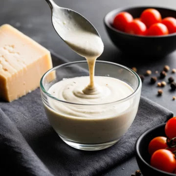 Keto Alfredo sauce served in a transparent glass bowl.