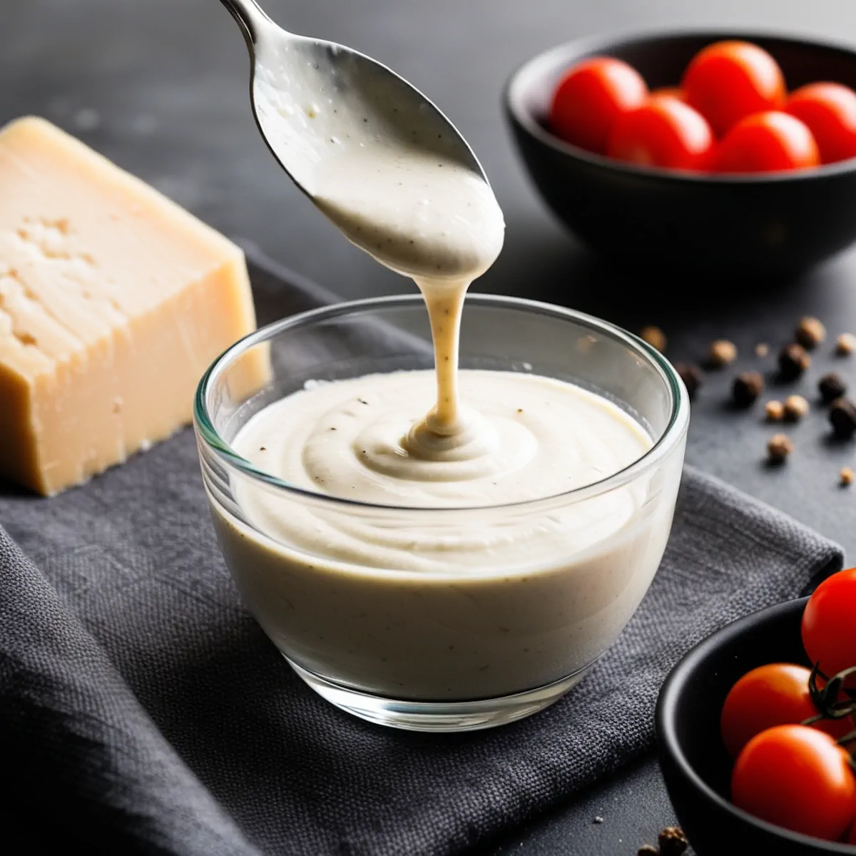 Keto Alfredo sauce served in a transparent glass bowl.