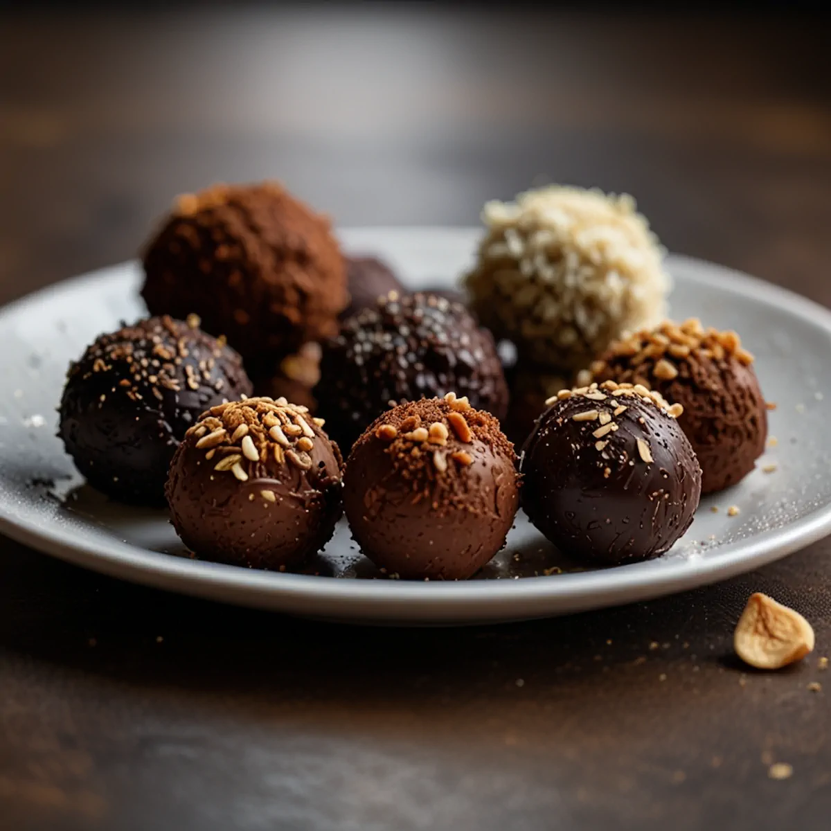 An assortment of keto chocolate truffles on a white plate.