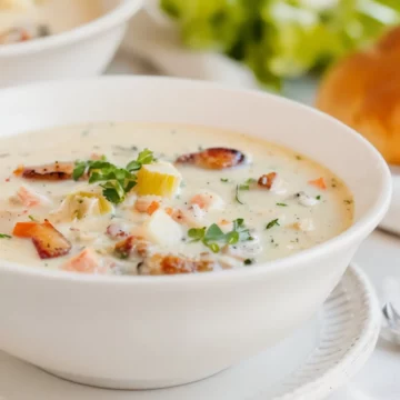 Keto clam chowder served in a white bowl.