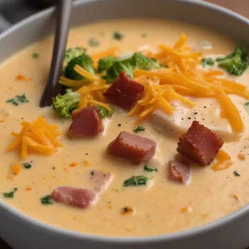 A close-up of creamy ham and broccoli soup, topped with shredded cheese.