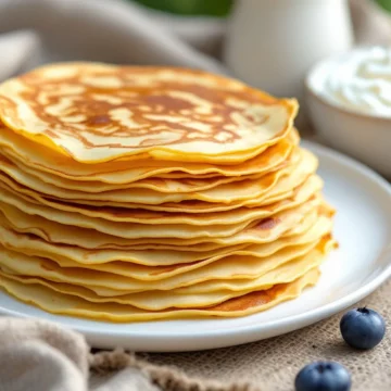 Keto crepes stacked and served on a round white ceramic plate.