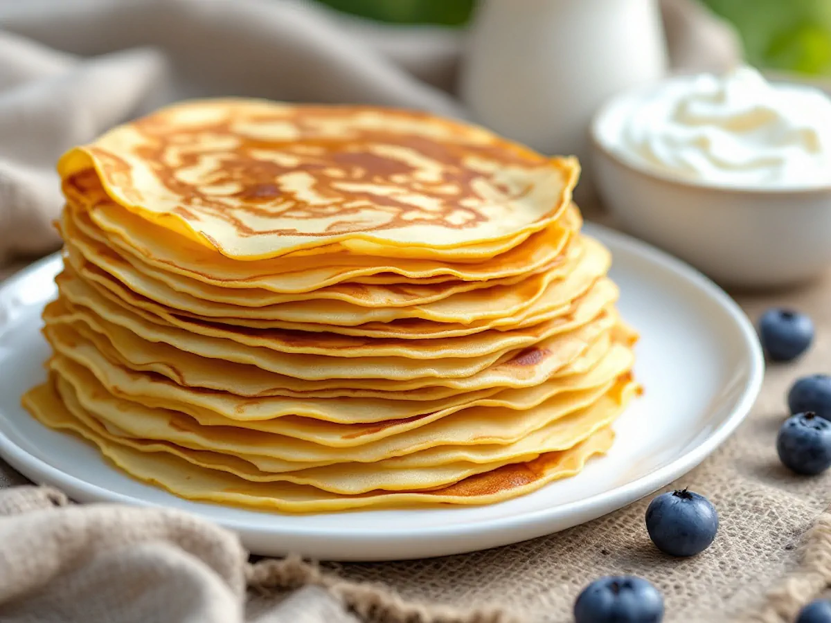 Keto crepes stacked and served on a round white ceramic plate.