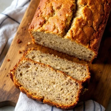 Keto banana bread sliced showing it's texture on a wooden chopping board.