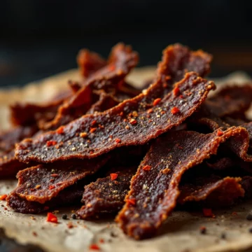Keto beef jerky, sprinkled with spices.