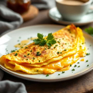 Keto cheese omelet where the melted cheddar is oozing out from the half-folded omelet.