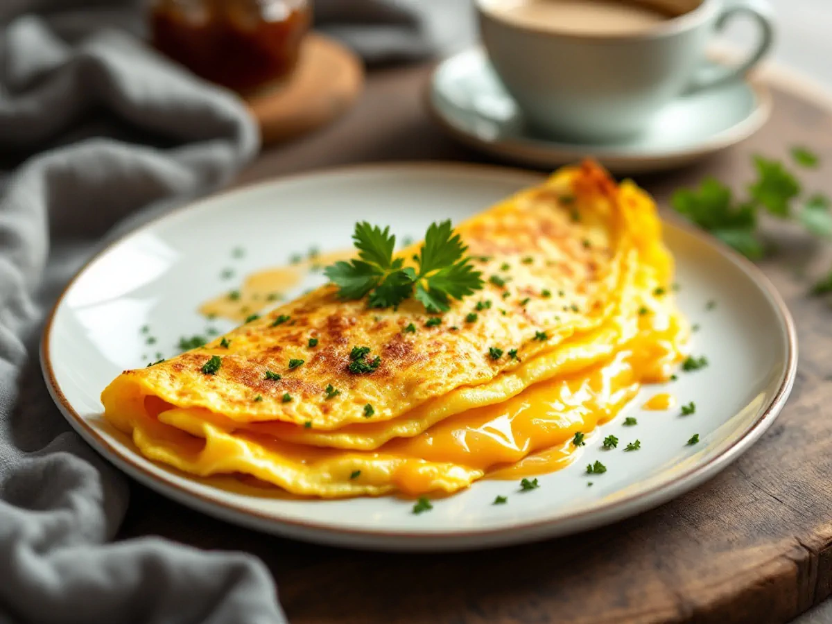 Keto cheese omelet where the melted cheddar is oozing out from the half-folded omelet.