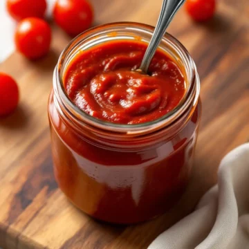Keto ketchup in a glass jar.