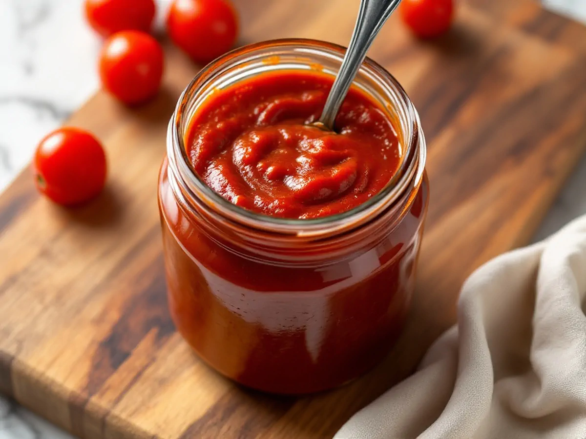 Keto ketchup in a glass jar.