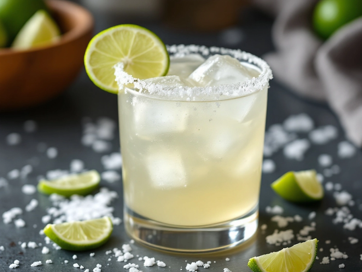 Keto Margarita with ice cubes in a transparent glass.