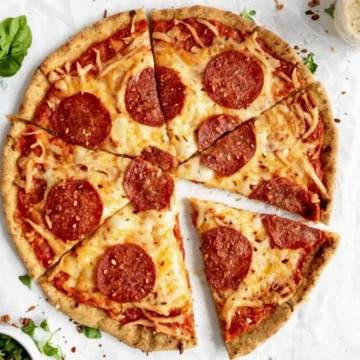 Keto-friendly peperroni pizza made from keto pizza dough.