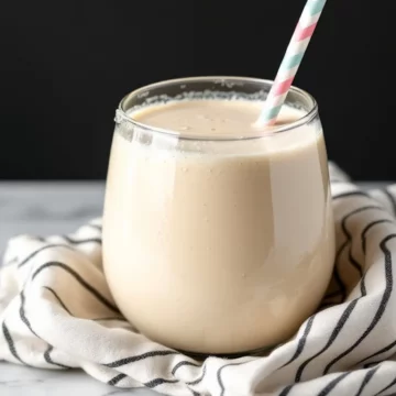 Keto smoothie served in a transparent glass with a paper straw.