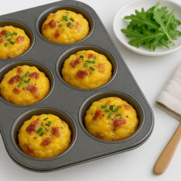 Freshly baked Keto Bacon Egg and Cheese Bites in muffin tray, ready to be served.