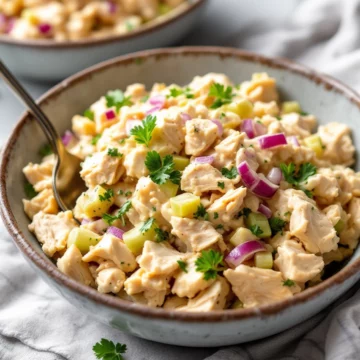 Keto chicken salad served in a ceramic bowl with a spoon.