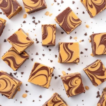Keto Chocolate Peanut Butter Swirl Fudge cut into cubes and rectangles ready to be served.