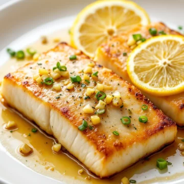 Keto Garlic Lemon Halibut garnished with green onion and lemon slices, served on a white plate.