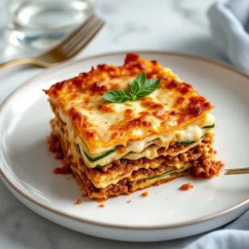 Keto lasagna served on a white plate, with visible layers of zucchini, ground beef, and cheese.