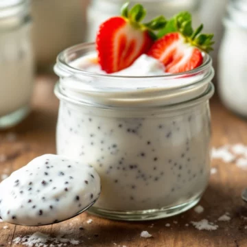 Keto yogurt topped with halved strawberries presented in a glass jar.