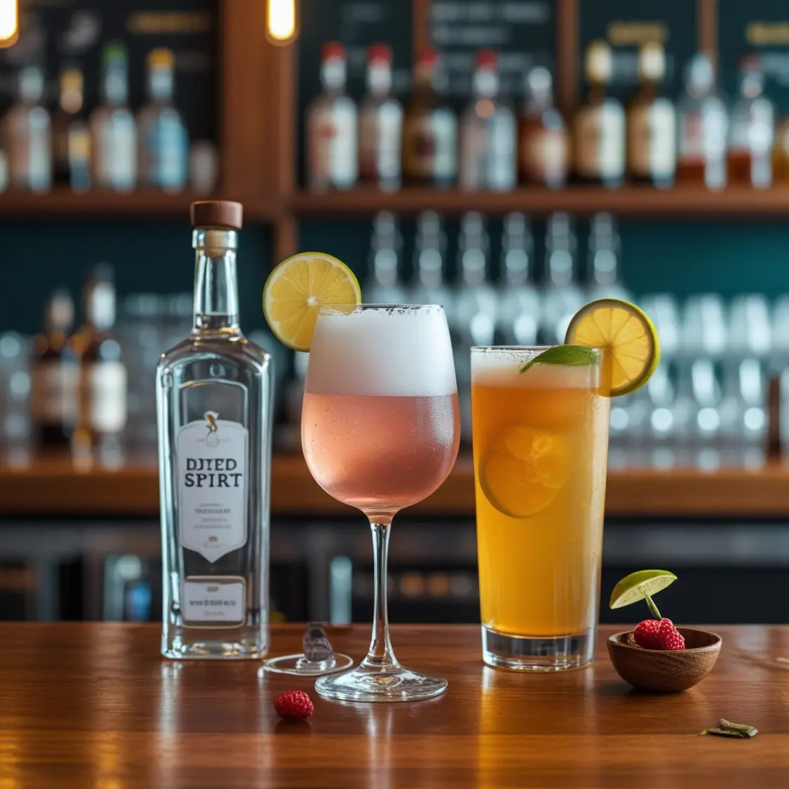 Two colorful cocktails with lemon and lime garnishes on a bar, beside a bottle.